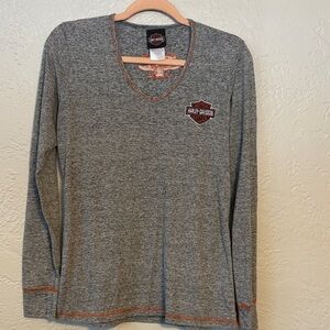Harley-Davidson Women’s Embroidered linen blend Heather Gray V-Neck TShirt L